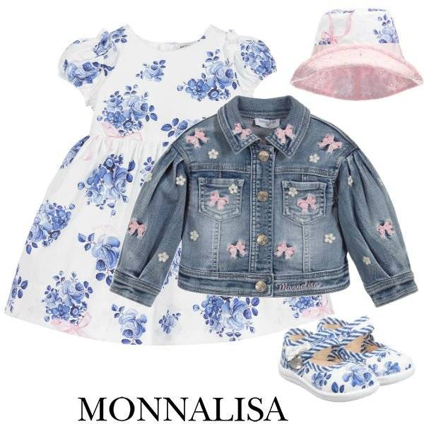 Monnalisa Baby Girl White Blue Floral Print Cotton Dress Spring 2020