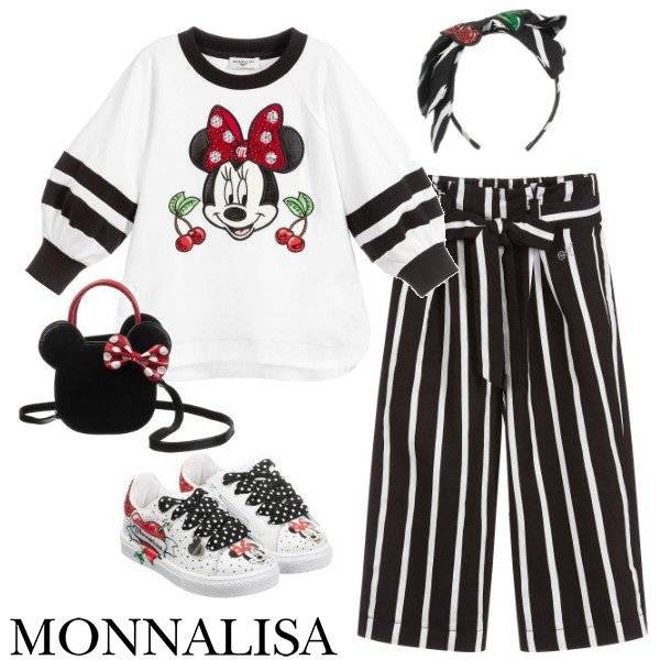Monnalisa Girl White & Black Minnie Mouse Shirt Striped Culotte Pants Spring 2020