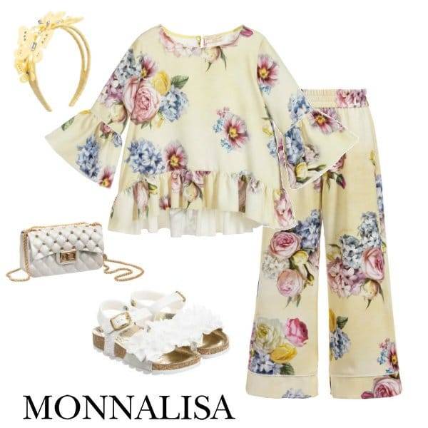Monnalisa Chic Girls Yellow Floral Print Crepe Blouse & Pants Spring 2020