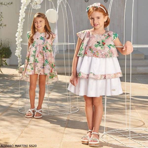 Alviero Martini Girls White Pink Floral Geo Map Party Dress