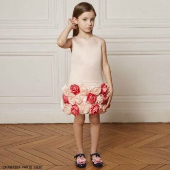 Charabia Pairs Girls Pink Satin Flower Special Occasion Dress
