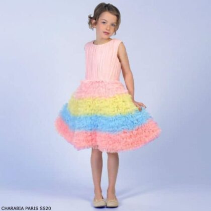 Charabia Paris Girl's Pink Yellow Blue Tulle Layered Special Occasion Dress