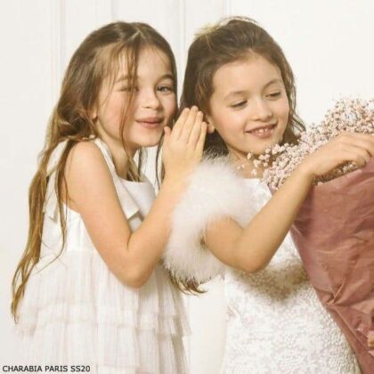 Charabia Paris Girls White Lace Feather Special Occasion Dress