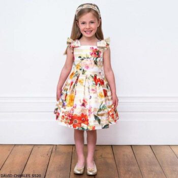 David Charles Girls Gold White Striped Floral Print Party Dress