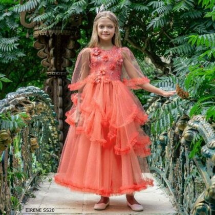 Eirene Girls Coral Pink Tulle Full Length Special Occasion Dress