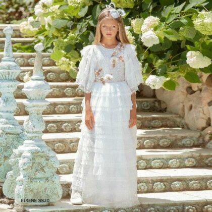 Eirene Girls White Tulle Gold Flower Full Length Special Occasion Dress