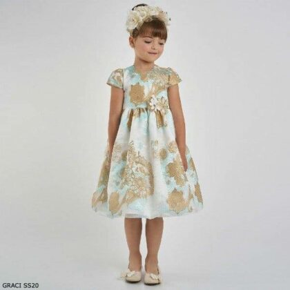 Graci Girls Ivory & Gold Blue Brocade Special Occasion Dress