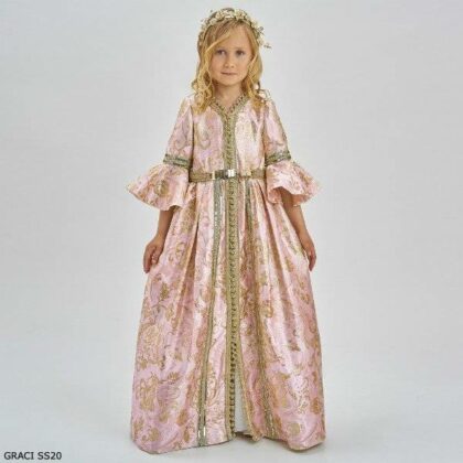 Graci Girls Pink & Gold Brocade Princess Full Length Gown