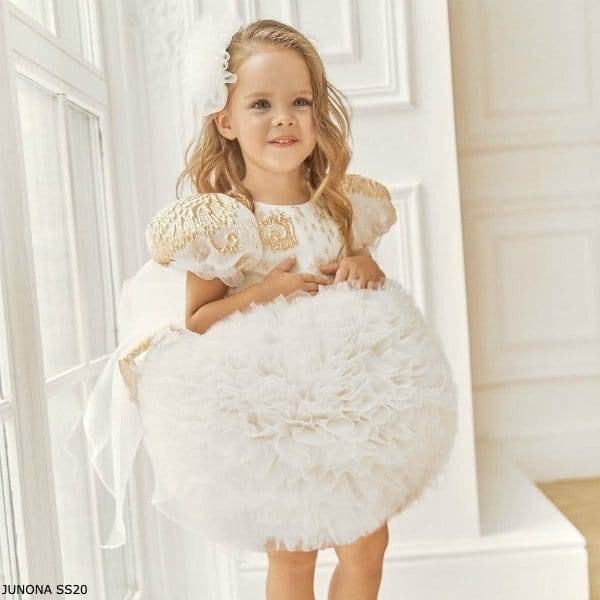 Junona Girls Gold Chiffon & While Tulle Puff Ball Special Occasion Dress