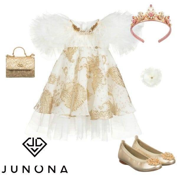 Junona Girls Ivory Gold Leaf Pattern Brocade Special Occasion Dress Spring 2020