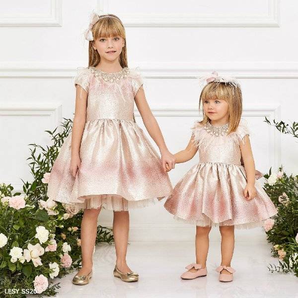 Junona Girls Pink Gold Feather Special Occasion Dress