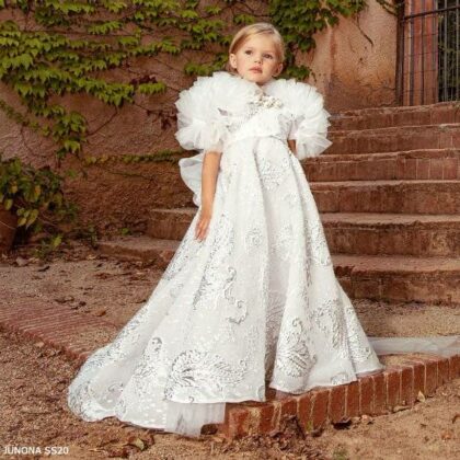 Junona Girls White & Silver Brocade Special Occasion Dress