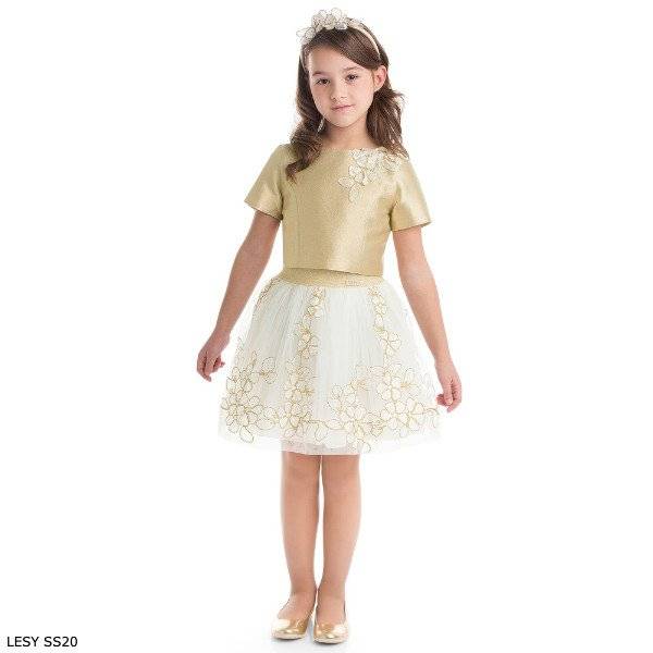 Lesy Girl Gold Top & Ivory Flower Skirt Special Occasion Outfit