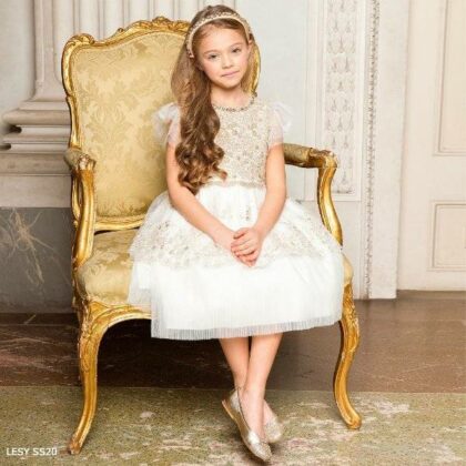 Lesy Girls Gold Ivory Lace Special Occasion Dress