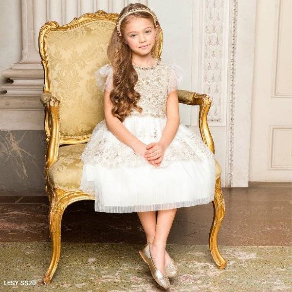 LESY GIRLS GOLD IVORY LACE SPECIAL OCCASION DRESS