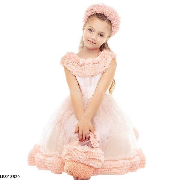 Lesy Girls Pink Tulle Ruffle Collar Special Occasion Dress