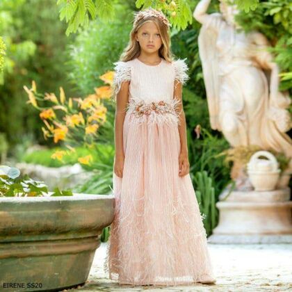 Eirene Girls Pink Sequin Feather Full Length Special Occasion Dress
