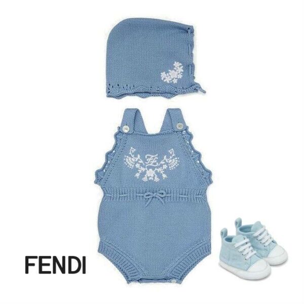 Fendi Baby Blue Cotton Cashmere Short Playsuit Bonnet Spring 2020