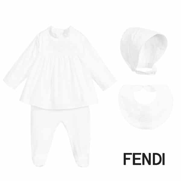 Fendi Baby White Embroidered Flower Dress Bonnet Bib Set Spring 2020