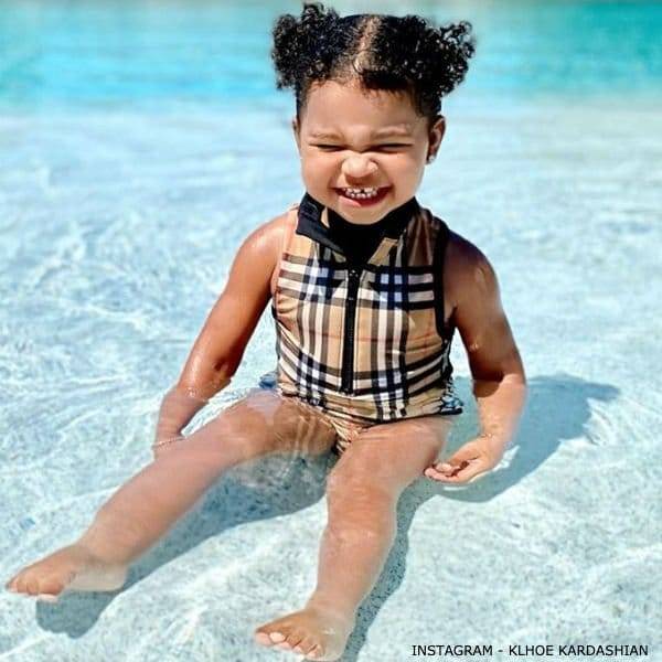 True Thompson Khloe Kardashian Daughter Burberry Baby Girl Mini Me Beige Check Logo Zip-Up Swimsuit