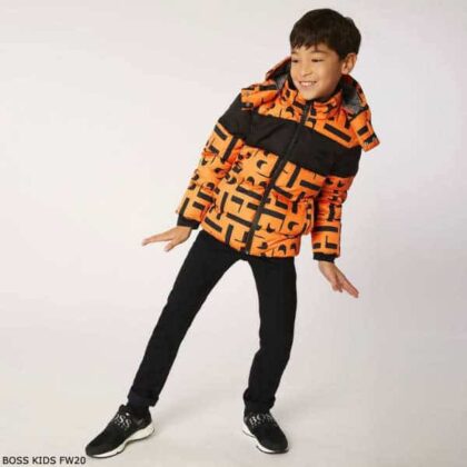 BOSS Kids Boys Orange Black Logo Down Puffer Jacket