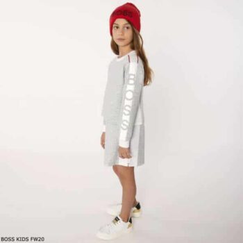 BOSS Kids Girls Grey & White Long Sleeve Logo Jersey Dress
