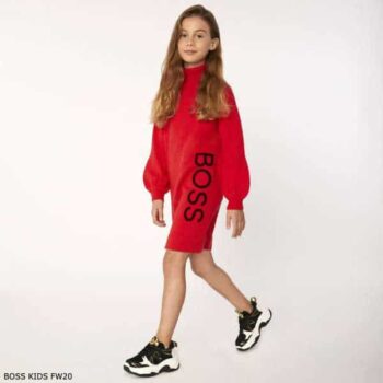 BOSS Kids Girls Mini Me Red Black Cotton Knitted Logo Dress