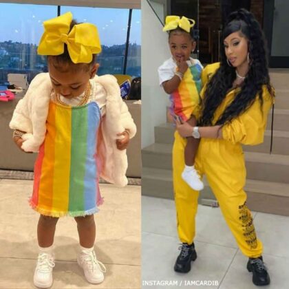 Cardi B's Daughter Kulture Cephus Stella McCartney Girls Rainbow Striped Denim Dress