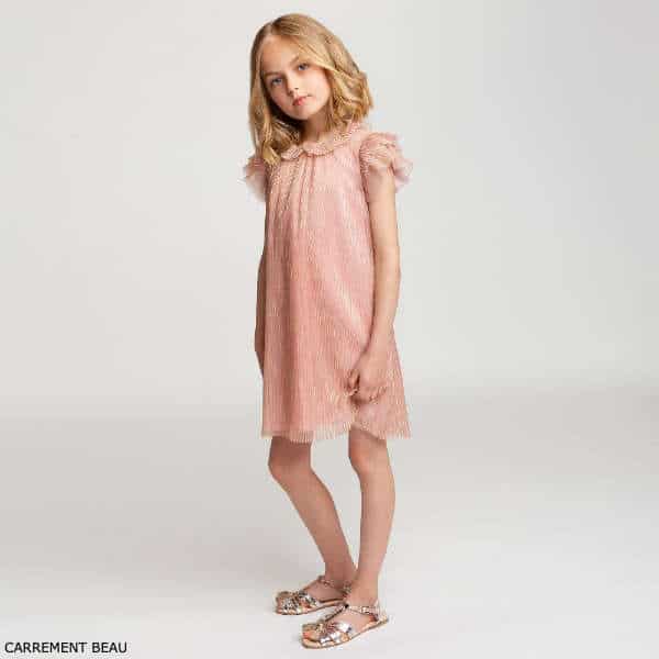 Carrement Beau Girls Pink Pleated Short Sleeve Dress