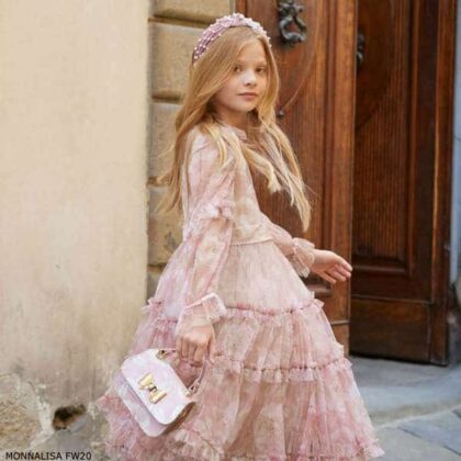 Monnalisa Chic Girls Long Pink Floral Print Tulle Dress