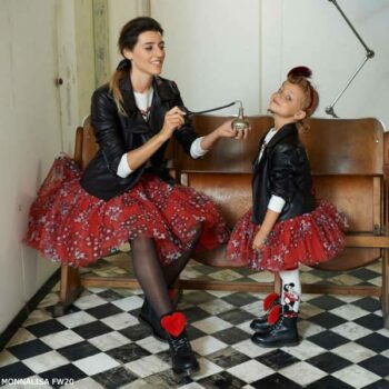 Monnalisa Girl Mini Me Black Faux Leather Olive Oyl Jacket Red Tulle Skirt