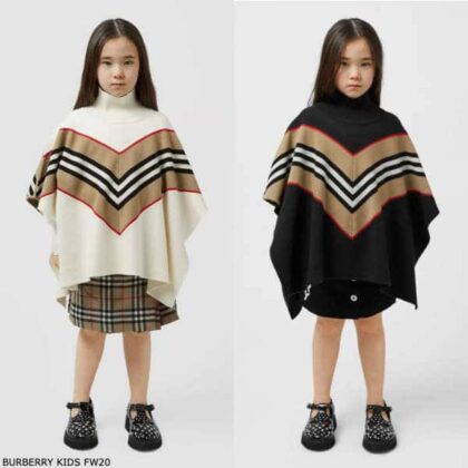 Burberry Girls Ivory Black Wool Icon Stripe Poncho