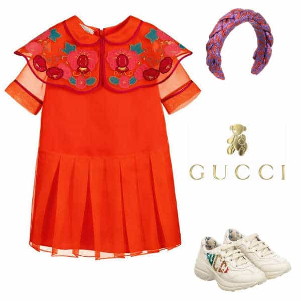 Gucci Girl Mini-Me Orange & Embroidered Pink Flower Silk Organza Dress