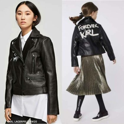 Karl Lagerfeld Girls Mini Me Forever Karl Leather Jacket Gold Pleated Skirt