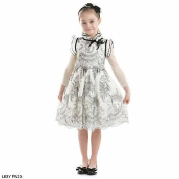 Lesy Girls Black & Ivory Embroidered Silk Party Dress