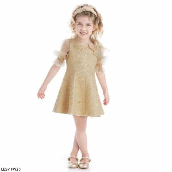 LESY GIRLS GOLD BROCADE & TULLE SLEEVE PARTY DRESS