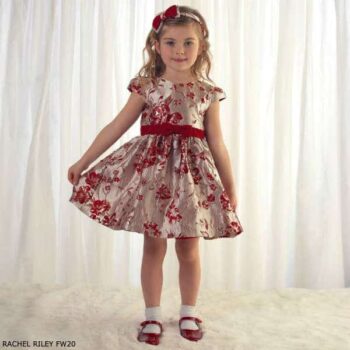 Rachel Riley Girls Gold & Red Damask Flower Print Party Dress