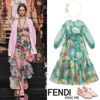 Fendi Girls Mini Me Green Floral Print Silk Organza Party Dress