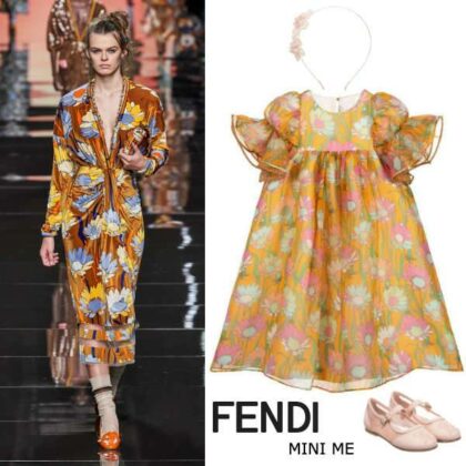 Fendi Girls Mini Me Orange Floral Print Silk Organza Party Dress