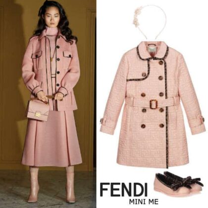 Fendi Girls Mini Me Pink Quilted Trench Coat Brown FF Logo Trim