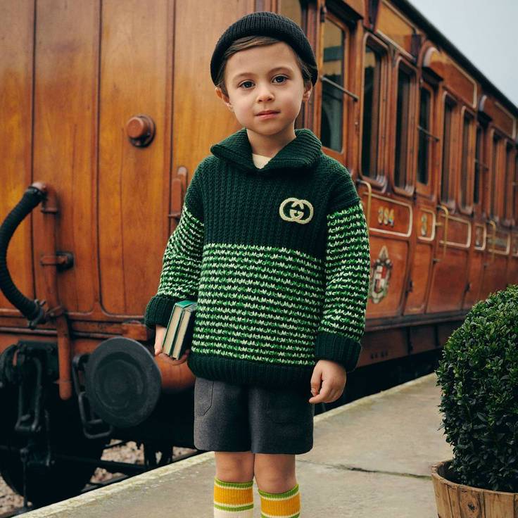 Gucci Boys Green Chunky Knit Wool Collar GG Motif Sweater