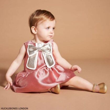 Hucklebones London Baby Girl Pink Gilded Gold Bow Party Dress