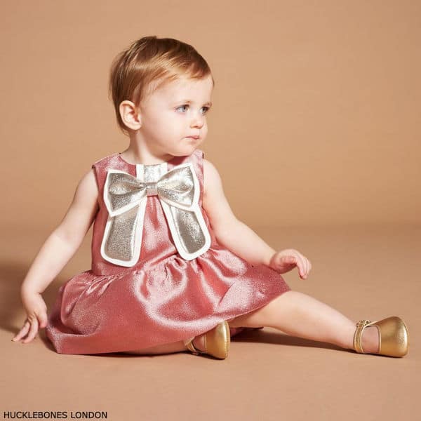 Hucklebones London Baby Girl Pink Gold Bow Party Dress