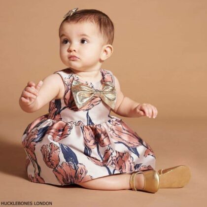 Hucklebones London Baby Girl Pink Tulip Brocade Gold Bow Party Dress