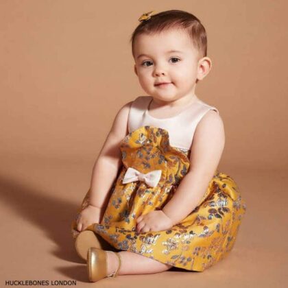 Hucklebones London Baby Girl Yellow Gold Brocade Bib Bodice Dress