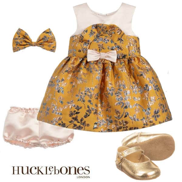 Hucklebones London Baby Girl Yellow Gold Brocade Bib Bodice Dress Bloomers