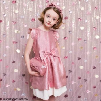 Hucklebones London Girls Pink Glitter Bow Party Dress
