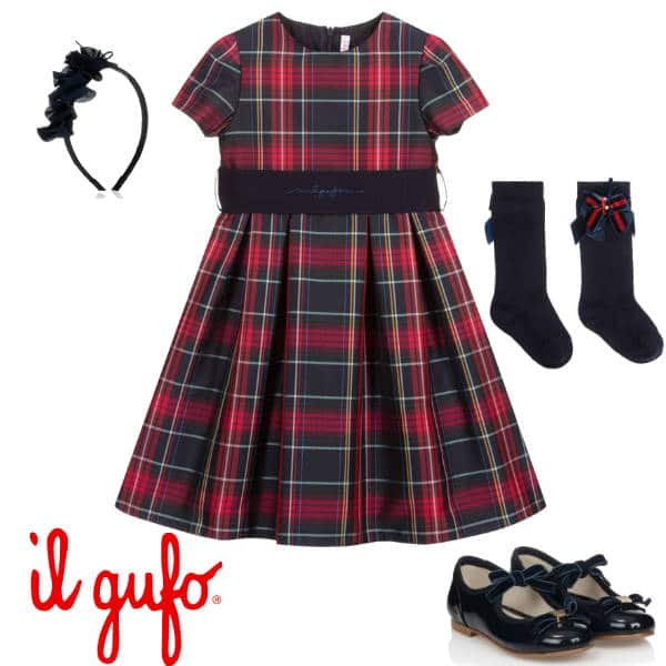 Il Gufo Girls Red Black Tartan Check Silk Christmas Party Dress Outfit