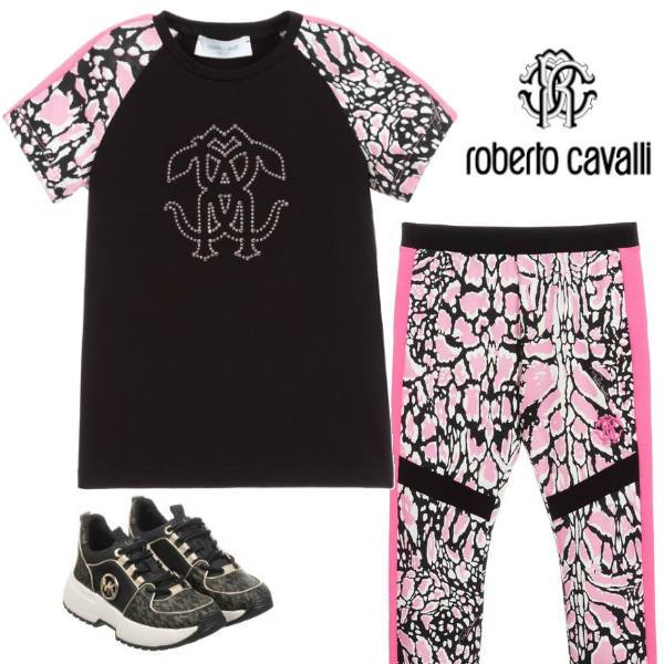 Roberto Cavalli Girl Black Pink Candy Ocelot Wild Cat Print Logo Shirt Leggings