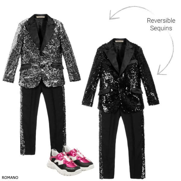 Romano Boys Black Silver Reversible Sequin Special Occasion Tuxedo Suit